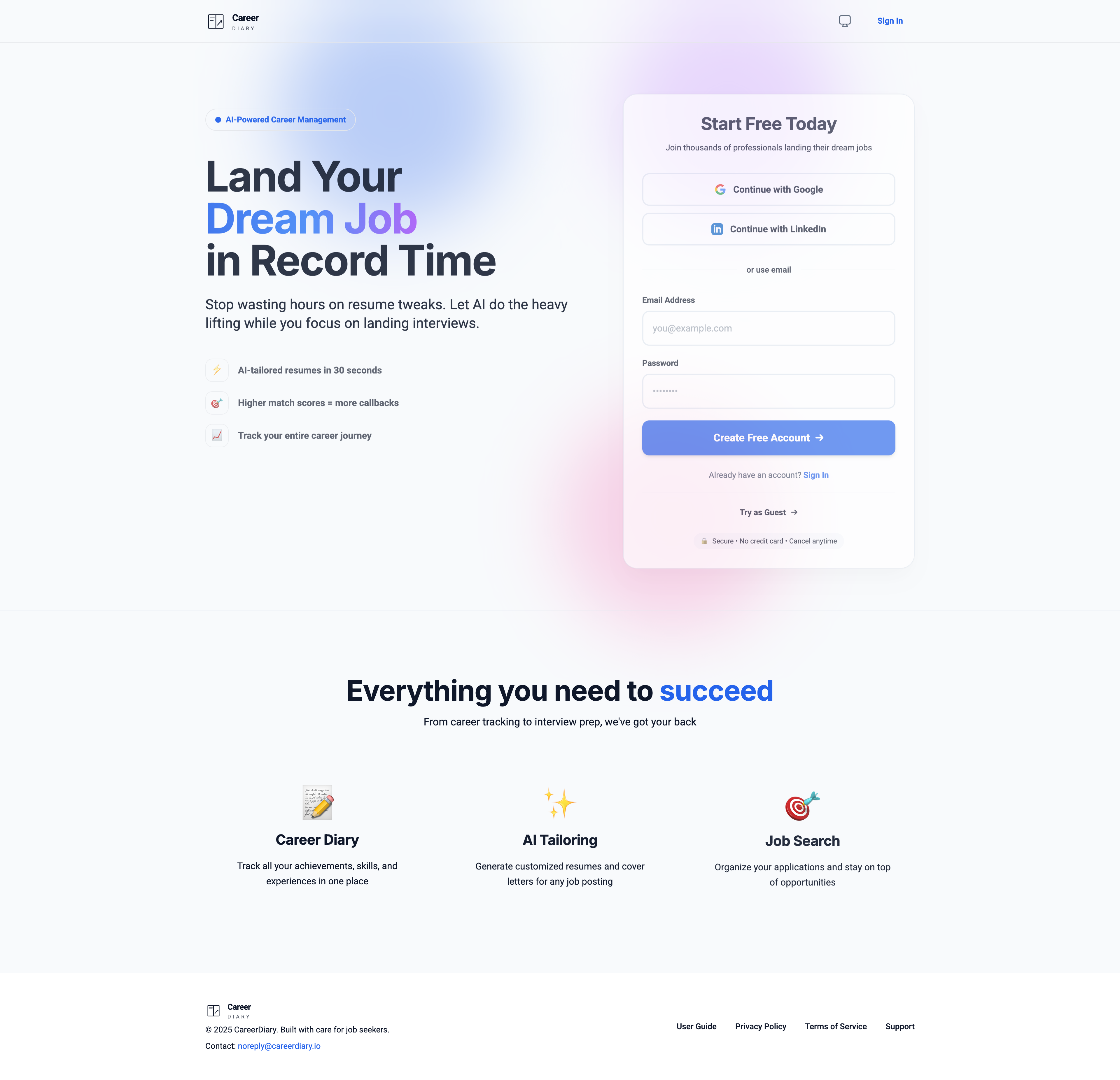 CareerDiary landing page with integrated sign-up